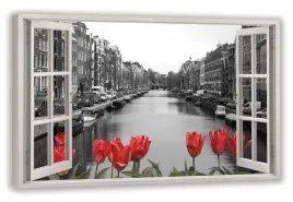 obraz-na-plotnie-okno-amsterdam-tulipany-100x70