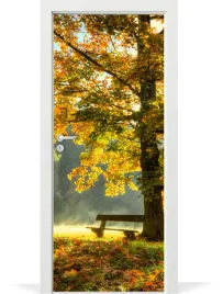 folia-fototapeta-na-drzwi-park-jesien-lawka-liscie