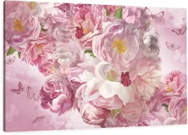 obraz-kwiaty-piwonie-roz-rozowe-motyle-120x80