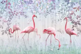 fototapeta-kolorowe-liscie-flamingi-ptaki-natura