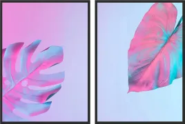 obraz-plakaty-dyptyk-50x70-lisc-monstera-neon-roz