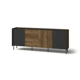 szeroka-komoda-200cm-z-szufladami-ryflowana-prestigo-czarna-orzech-marmur