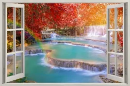 naklejka-na-sciane-do-salonu-okno-kolorowy-wodospad-las-natura-120x80