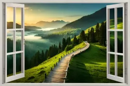 naklejka-na-sciane-do-salonu-widok-przez-okno-droga-gory-mgla-natura-120x80