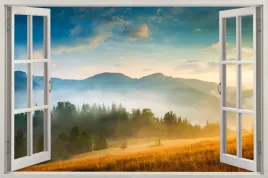 naklejka-na-sciane-do-salonu-widok-przez-okno-panorama-gory-mgla-90x60