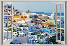 naklejka-na-sciane-do-salonu-widok-przez-okno-santorini-grecja-120x80