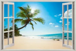 naklejka-na-sciane-do-salonu-widok-przez-okno-plaza-slonce-palmy-150x100