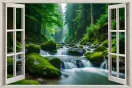 naklejka-na-sciane-do-salonu-okno-wodospad-mroczny-las-natura-120x80