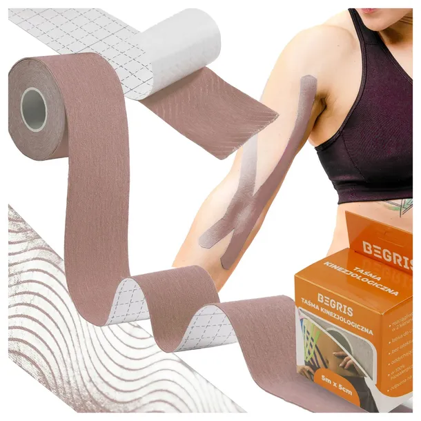TAŚMA KINEZJOLOGICZNA TEJPY TAPE KINESIO BEŻOWA PLASTRY 5CMx5M WODOODPORNE