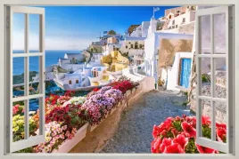 naklejka-dekoracyjna-widok-przez-okno-grecja-santorini-morze-120x80