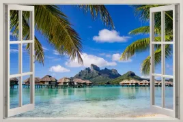 naklejka-na-sciane-do-salonu-widok-przez-okno-bora-bora-palmy-ocean-150x100