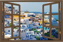 naklejka-na-sciane-do-salonu-widok-przez-okno-santorini-grecja-90x60