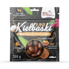 super-kielbaski-dla-psa-z-pstragiem-batatem-cukinia-i-kokosem-100g