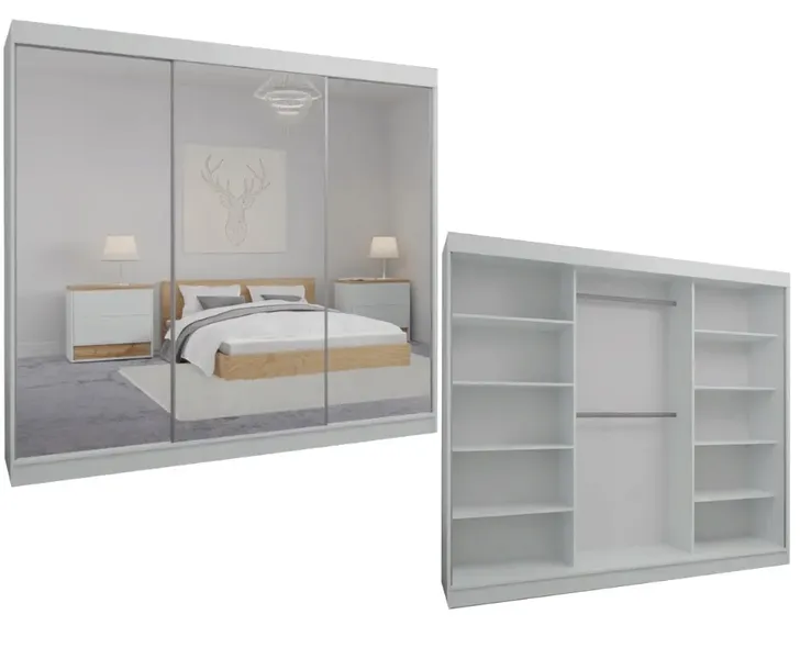 SZAFA PRZESUWNA 3D 160 x 205 CM - BIAŁA + 3 x LUSTRO - SZAFY NA WYMIAR