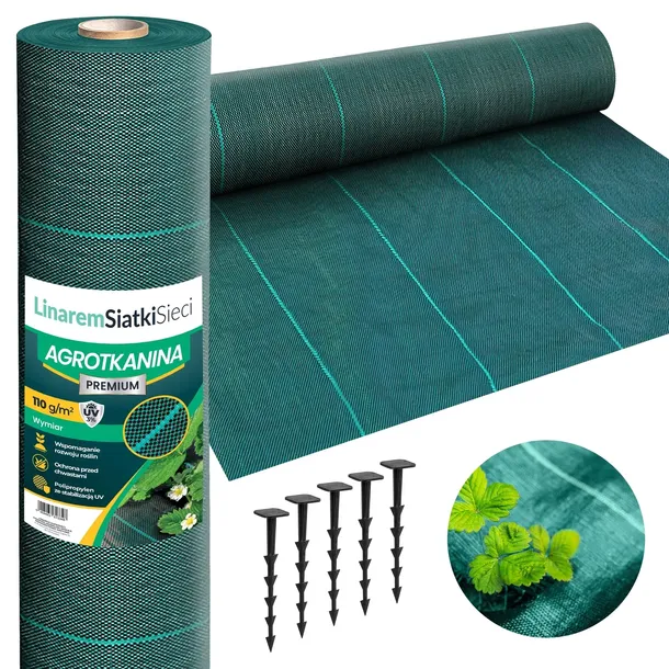 AGROTKANINA 110G 1,6x100m PREMIUM UV 3% AGROWŁÓKNINA ZIELONA MATA + KOŁKI