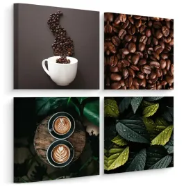 obrazy-canvas-do-kuchni-ziarna-kawy-latte-tropikalne-liscie-natura-100x100