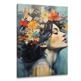 obraz-do-salonu-na-plotnie-kobiecy-portret-pastelowe-kwiaty-boho-50x70