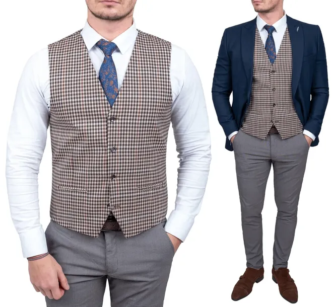 Brązowa kamizelka w grubą kratę meska garniturowa + dodatki Elegancka - 48