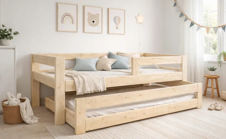 ŁÓŻKO PODWÓJNE WYSUWANE PIĘTROWE DREWNIANE 180X90 + BARIERKA + 2 STELAŻE