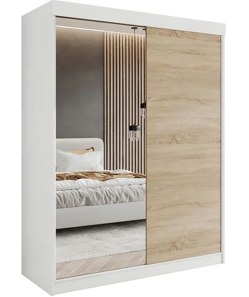 SZAFA PRZESUWNA 2-DRZWIOWA 120 x 205 CM - BIAŁA + DĄB SONOMA - LUSTRO C