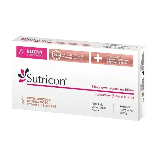 Sutricon, silikonowe plastry na blizny, 3 cm x 10 cm, 5 sztuk