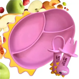 silikonowy-talerzyk-z-przyssawka-blw-dla-dziecka-dinozaur-i-sztucce-rozowy
