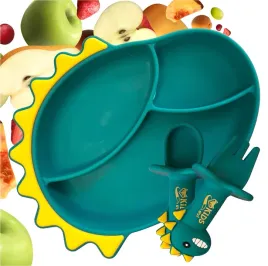 silikonowy-talerzyk-z-przyssawka-blw-dla-dziecka-dinozaur-i-sztucce-zielony