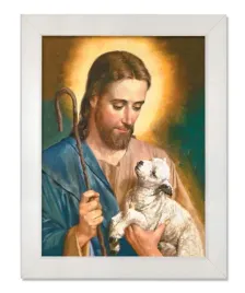 obraz-religijny-jezus-chrystus-dobry-pasterz-rama-biala-50-cm-x-70-cm