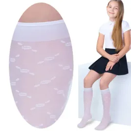 2-pary-fantazyjne-dziewczece-bezuciskowe-podkolanowki-biale-wzorek-zolwik