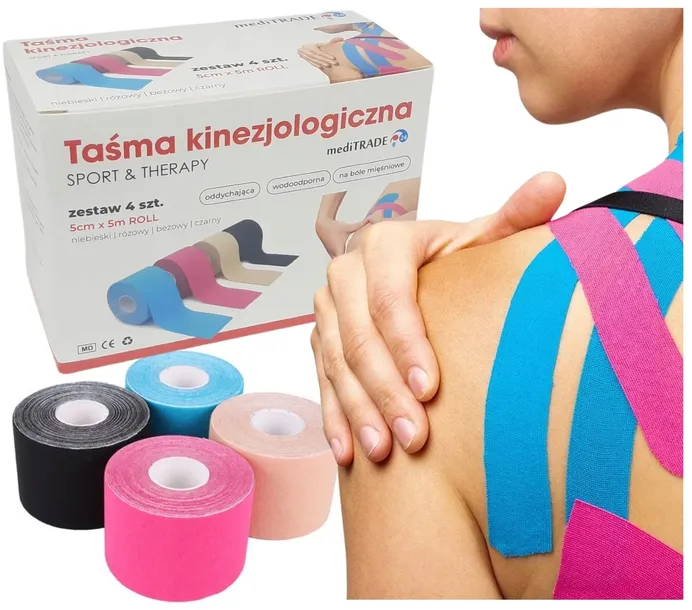 ZESTAW TAŚMA KINEZJOLOGICZNA TEJPY .:BANDAŻ GRATIS:. TAPE PLASTRY 4x 5cmx5m