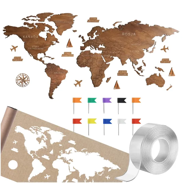 Mapa świata drewniana na ścianę 3D dekoracja na ścianę POLITYCZNA 180cm XXL