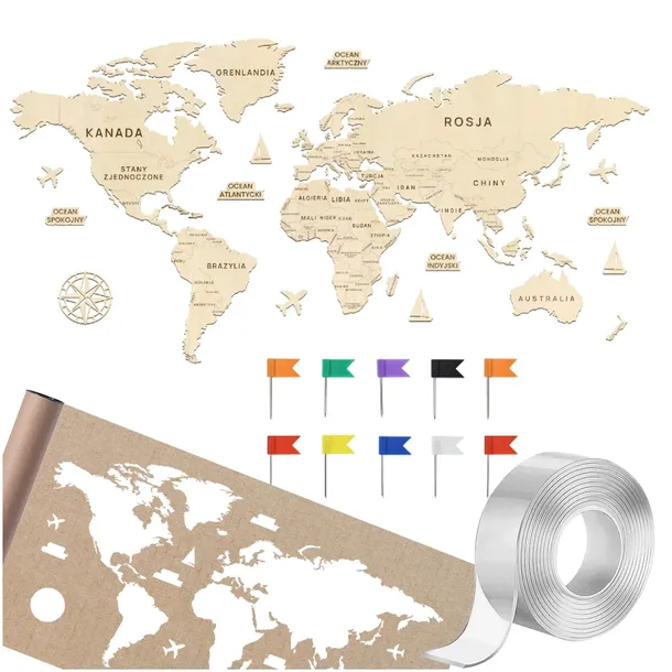 Drewniana MAPA ŚWIATA na ścianę 3D polityczna ŚCIENNA obraz 120cm + DODATKI