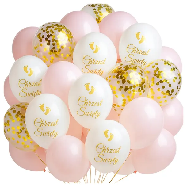 BALONY na CHRZEST Pastelowe Duże Białe Różowe Konfetti 25 szt Dekoracje