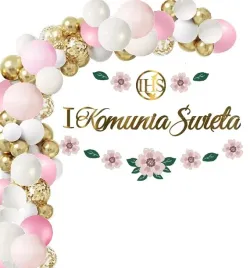 komunia-balony-dekoracje-rozowe-na-komunie-baner-kwiaty