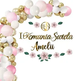 komunia-balony-dekoracje-rozowe-na-komunie-baner-kwiaty-imie