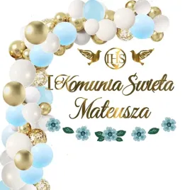 balony-luk-dekoracje-na-komunie-baner-kwiaty-blekitne-imie