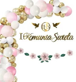 balony-luk-dekoracje-na-komunie-baner-kwiaty-roz