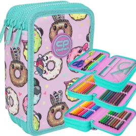 coolpack-piornik-szkolny-trzykomorowy-wyposazenie-kredki-flamastry-donuts