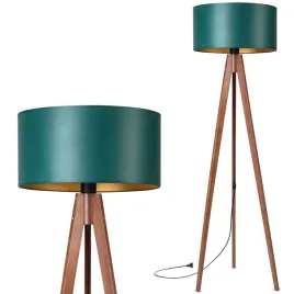 lampa-stojaca-podlogowa-trojnog-drewniany-orzech-abazur-zielony-zloty