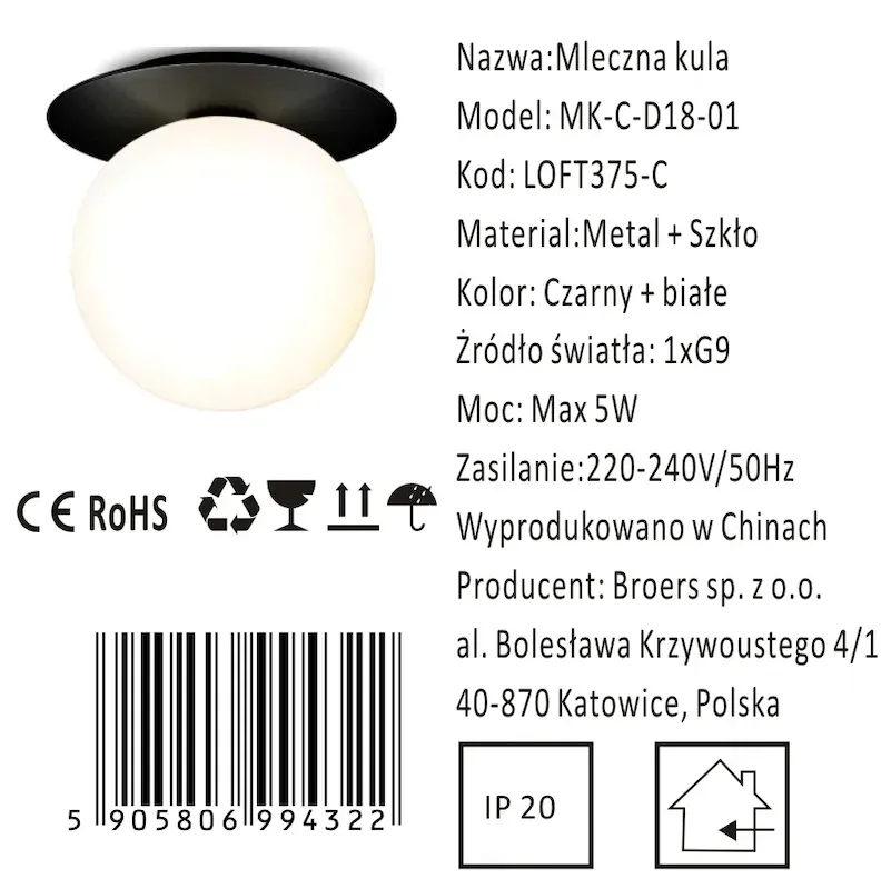 mleczna-kula-plafon-18cm-czarny