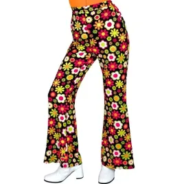 spodnie-damskie-disco-lata-70-te-czarne-kolorowe-stokrotki-kwiat-l-xl