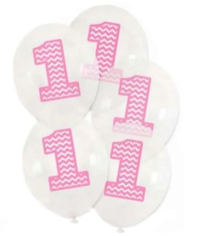 balony-lateksowe-przezroczyste-roza-cyfra-1-urodziny-roczek-5-szt-30-cm