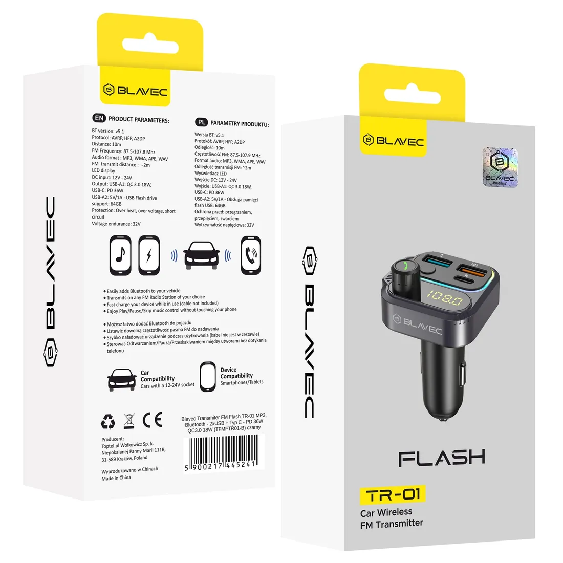 transmiter-fm-flash-tr-01-mp3-bluetooth-2xusb-typ-c-pd-36w-qc3-0-18w-stan-nowy
