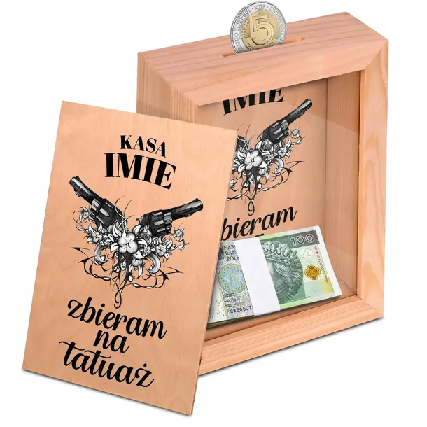 DREWNIANA Skarbonka Ramka ZBIERAM NA TATUAŻ Wzory