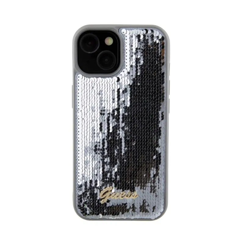 plecki-guess-do-apple-iphone-15-sequin-script-metal-srebrny-stan-nowy