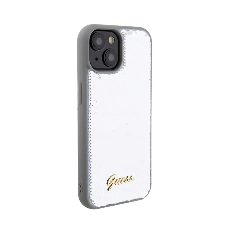 plecki-guess-do-apple-iphone-15-sequin-script-metal-srebrny-stan-nowy