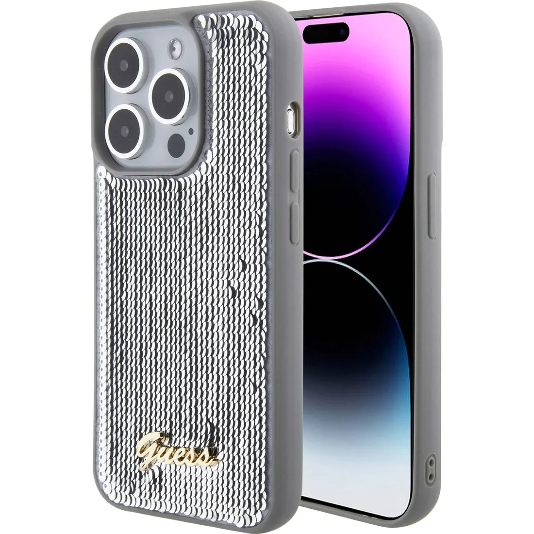 plecki-guess-do-apple-iphone-15-pro-sequin-script-metal-srebrny-stan-nowy