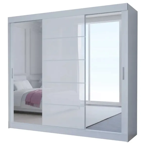 SZAFA PRZESUWNA 170 x 205 CM 3D2L BIAŁA + LACOBEL BIAŁY - LUSTRO + UCHWYT