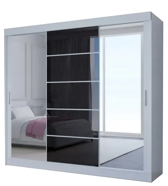 SZAFA PRZESUWNA 160 x 205 CM 3D2L BIAŁA + LACOBEL CZARNY - LUSTRO + UCHWYT