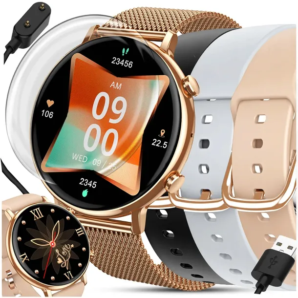 SMARTWATCH ZEGAREK DAMSKI POLSKIE MENU ROZMOWY POWIADOMIENIA SPORT 4 PASKI